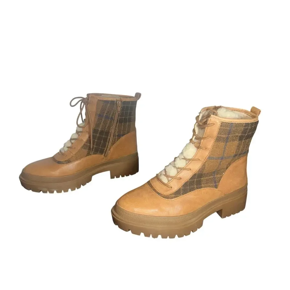 Lucky Brand LP-EDIVE Plaid Faux Fur Lace Up Lug Sole Boots Tan Brown Sz 10